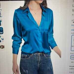 Satin Silk Long Sleeve Button Down Blouse - Large